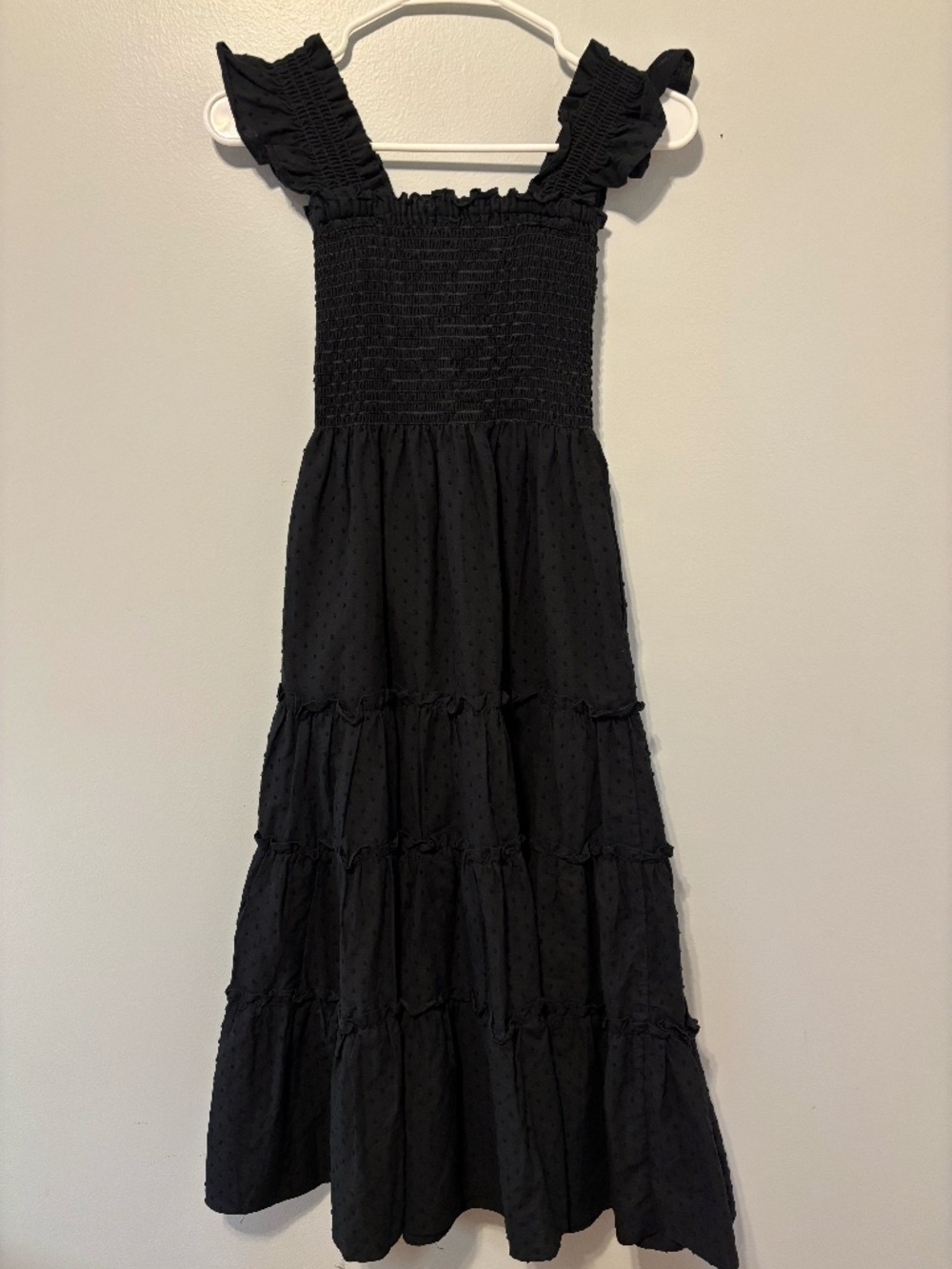 Kourt Black Swiss Dot Smocked Tiered Maxi Dress Ruffle Straps Cottagecore XS